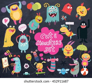 funny and crazy monsters on a dark background set of vector