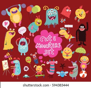 funny and crazy monsters on red background, vector set