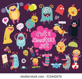 funny and crazy monsters purple background set of vector