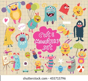 funny and crazy monsters set on notebook sheet vector