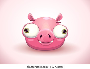 Funny crazy pig face icon. Cartoon style piggy head. Vector illustration.