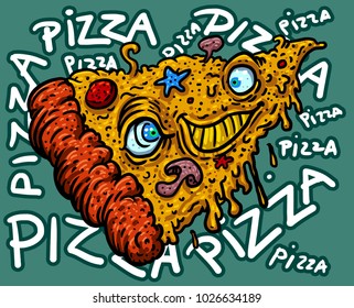 Funny crazy Pizza . Cute pizza character.  vector illustration 