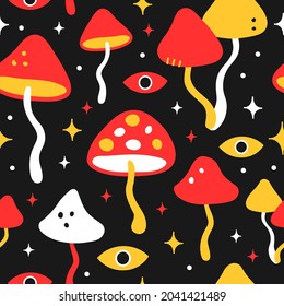 Funny Crazy Psilocybin Magic Mushroom Seamless Pattern.Vector Hand Drawn Cartoon Character Illustration Seamless Pattern. Magic Mushroom,psilocybin Wallpaper Print Concept
