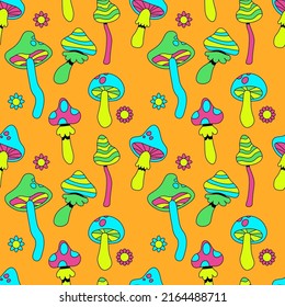 Funny verrückt psilocybin magischen Pilz nahtlos Muster.Vektor handgezeichnet Cartoon Charakter Illustration nahtlose Muster. Magischer Pilz, Psilocybin-Bildschirmhintergrund EPS