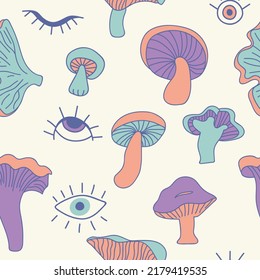Funny crazy psilocybin magic mushroom seamless pattern. Print for textile, wallpaper, covers, surface. For fashion fabric. Retro stylization.