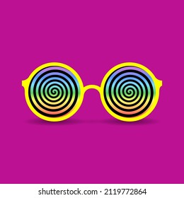 Funny crazy round-rimmed eyeglasses with colored hypnotic spirals instead of lenses over bright background. Concept of visual illusions, beauty and fashion trends