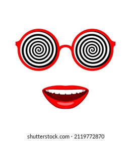 Funny crazy round-rimmed glasses with hypnotic spirals instead of lenses and smiling mouth with bright red lipstick on lips, happy emotions, expression of amazement. Beauty and fashion concept