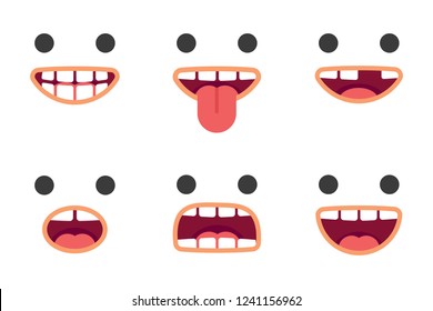 Funny crazy smile faces with different expressions. Smile with teeth, sticking out tongue, surprised. . Vector emoji pack. Eps 10