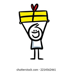 Funny crazy stickman and hands up holding big present box in his hands  Vector doodle character illustration 