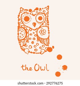 Funny crazy vector owl with ink splashes. 