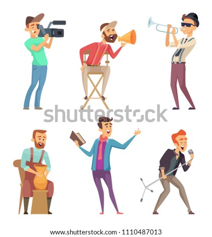 Funny creative characters isolate on white background. Musician and sculptor, sculpting and playing. Vector illustration