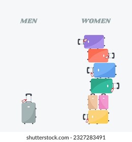 lustige kreative Ferien-Wohnung Design Grußkarte. Ungleichheit Paar beim Einkaufen. viele Gepäckstücke, die für den Urlaub bereit sind. Unterschiedliche Reisen zwischen Frauen und Männern Koffer. Gepäckaufgabe in Beziehung