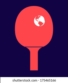 Funny creative illustration of a red table tennis racket with the Earth as a ball, symbol of international politics or globalization