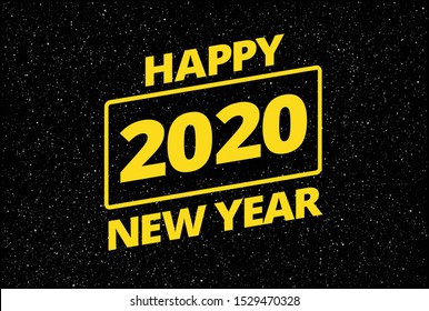 Funny creative New Year 2020 greeting card - retro star space theme - yellow typography Happy New Year 2020 on black night sky background - vector illustration