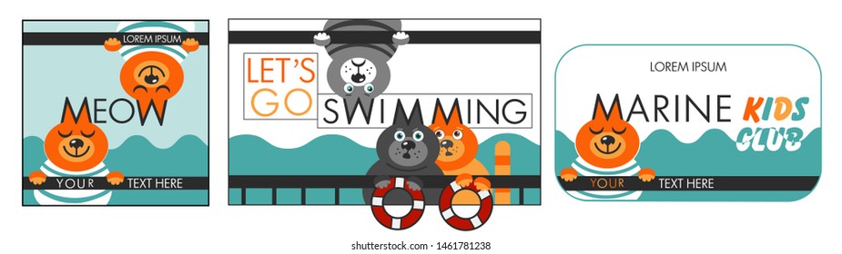 Funny creative set with cats (ginger and grey) on marine background. Phrases Let's go swimming, Marine kids club and MEOW: M and W like cats ears. Creative concept for paper design. Flat illustration.