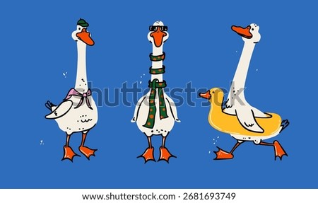 A funny and creative set of doodle illustrations of stylish geese. This whimsical art captures humorous moments, perfect for lighthearted design and branding projects
