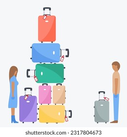 funny creative summer holiday flat design. passengers in airport. couple  doing shopping. many baggage ready to vacation. Difference between woman man suitcases, luggage cartoon isolated illustration