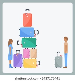 funny creative summer holiday flat design. passengers in airport. couple doing shopping. many baggage ready to vacation. Difference between woman man suitcases, luggage cartoon isolated illustration