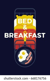 Funny creative vector illustration on 'Bed and Breakfast' with cartoon single bed and frying pan with fried eggs and bacon