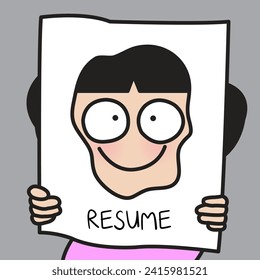 Funny Creative Young Woman Holding Her Resume Paper With Gaping Hole In The Middle To Show Her Real Face Concept Card Character illustration