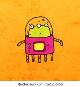 Funny Creature. Cute Hand Drawn Vector illustration, Vintage Paper Texture Background