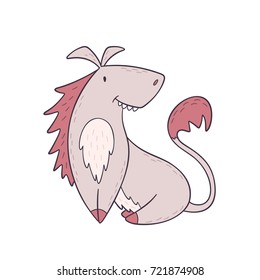 Funny creature with dark pink mane and tail sitting. Vector illustration of fantastic animal in cartoon style. Isolated on white background.
