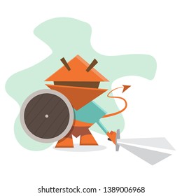 funny creature with sword and shield. small dragon warrior