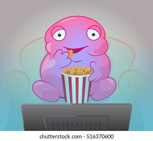 Funny creature watching TV and eating popcorn