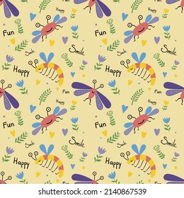 Funny creatures look like bugs and flies vector insects with floral elements on yellow background