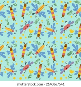 Funny creatures look like bugs and flies vector insects with floral elements on blue background