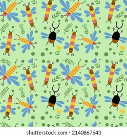 Las criaturas divertidas parecen insectos vectores de insectos con elementos florales sobre fondo verde