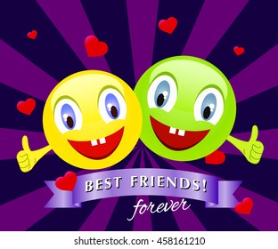 funny creatures with smiling faces with the raised fingers. Vector illustration of a happy friendship day