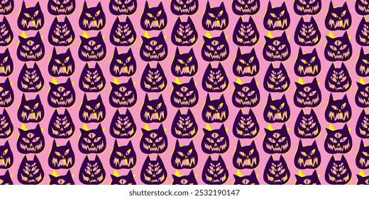 Funny creepy and cute Halloween cat o lantern wallpaper. Seamless Halloween pattern with cats. Pattern with cat pumpkins with scary faces. Cat o lantern seamless pattern pink with fluo yellow.