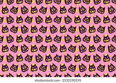 Funny creepy and cute Halloween cat o lantern wallpaper. Seamless Halloween pattern with cats. Pattern with cat pumpkins with scary faces. Cat o lantern seamless pattern pink with fluo yellow.