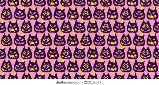 Funny creepy and cute Halloween cat o lantern wallpaper. Seamless Halloween pattern with cats. Pattern with cat pumpkins with scary faces. Cat o lantern seamless pattern pink with fluo yellow.