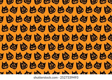 Funny creepy Halloween cat o lantern wallpaper. Seamless Halloween pattern with cats. Pattern with cat pumpkins with scary faces. Cat o lantern seamless pattern.