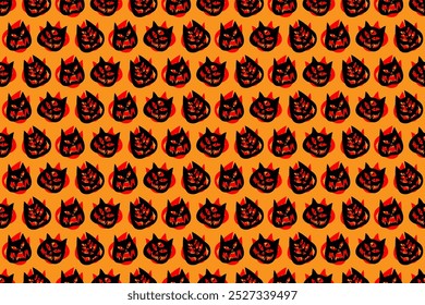 Funny creepy Halloween cat o lantern wallpaper. Seamless Halloween pattern with cats. Pattern with cat pumpkins with scary faces. Cat o lantern seamless pattern.