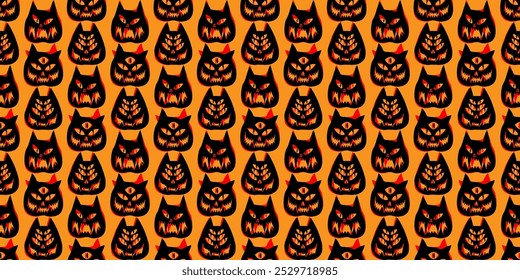 Funny creepy Halloween cat o lantern wallpaper. Seamless Halloween pattern with cats. Pattern with cat pumpkins with scary faces and fire effect. Cat o lantern seamless pattern.