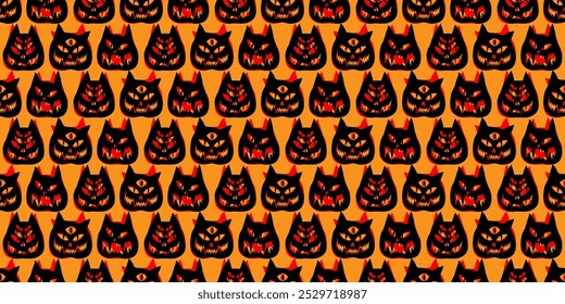 Funny creepy Halloween cat o lantern wallpaper. Seamless Halloween pattern with cats. Pattern with cat pumpkins with scary faces and fire effect. Cat o lantern seamless pattern.