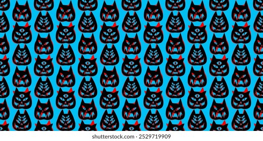 Funny creepy Halloween cat o lantern wallpaper. Blue background with red and black cats. Seamless Halloween pattern. Pattern with cat pumpkins with scary faces. Cat o lantern seamless pattern. 