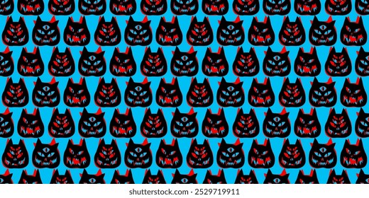 Funny creepy Halloween cat o lantern wallpaper. Blue background with red and black cats. Seamless Halloween pattern. Pattern with cat pumpkins with scary faces. Cat o lantern seamless pattern. 