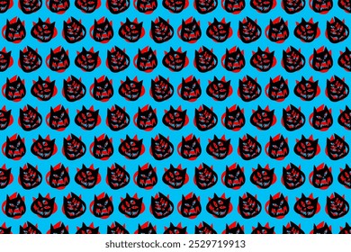 Funny creepy Halloween cat o lantern wallpaper. Blue background with red and black cats. Seamless Halloween pattern. Pattern with cat pumpkins with scary faces. Cat o lantern seamless pattern. 