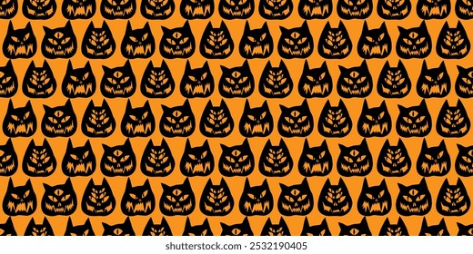 Funny creepy Halloween cat o lantern wallpaper. Seamless Halloween pattern with cats. Pattern with cat pumpkins with scary faces. Cat o lantern seamless pattern in classic orange and black.