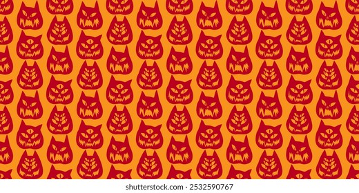 Funny creepy Halloween cat o lantern wallpaper. Seamless Halloween pattern with cats. Pattern with cat pumpkins with scary faces. Cat o lantern seamless pattern.