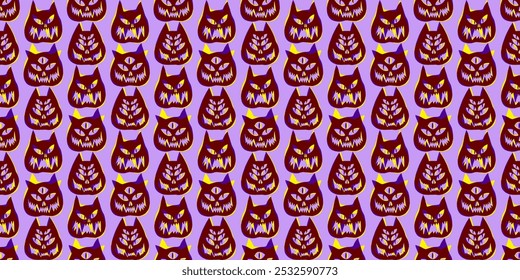 Divertido y espeluznante gato de Halloween o Fondo de pantalla de linterna. Patrón de Halloween sin fisuras con gatos. Patrón con calabazas de gato con caras de miedo. Patrón sin fisuras de linterna de gato.