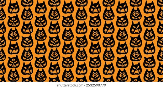 Funny creepy Halloween cat o lantern wallpaper. Seamless Halloween pattern with cats. Pattern with cat pumpkins with scary faces. Cat o lantern seamless pattern in classic orange and black.