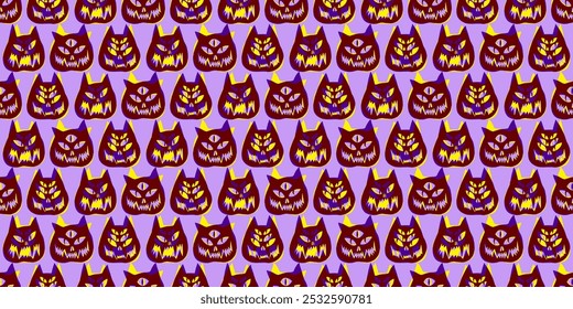 Divertido y espeluznante gato de Halloween o Fondo de pantalla de linterna. Patrón de Halloween sin fisuras con gatos. Patrón con calabazas de gato con caras de miedo. Patrón sin fisuras de linterna de gato.