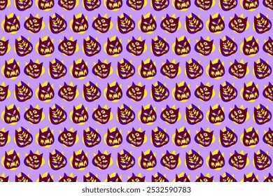 Divertido y espeluznante gato de Halloween o Fondo de pantalla de linterna. Patrón de Halloween sin fisuras con gatos. Patrón con calabazas de gato con caras de miedo. Patrón sin fisuras de linterna de gato.