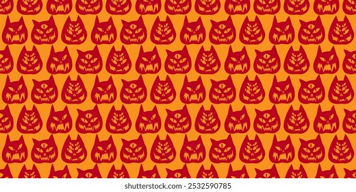 Funny creepy Halloween cat o lantern wallpaper. Seamless Halloween pattern with cats. Pattern with cat pumpkins with scary faces. Cat o lantern seamless pattern.