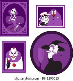 Funny creepy Halloween theme family portraits, witch, scary clown, skeleton and headless man, EPS 8 vector illustration